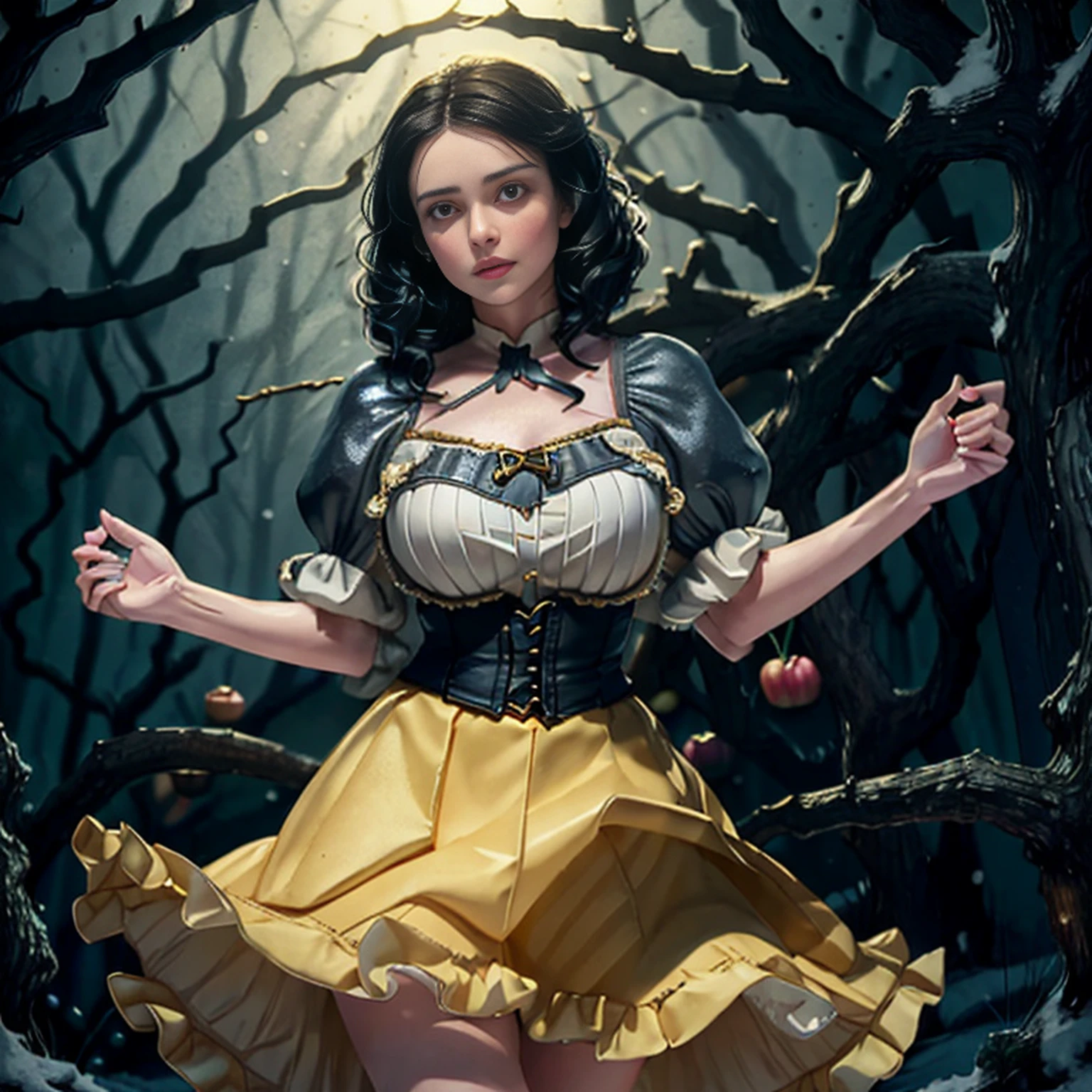 extremely beautiful snow white, subtle makeup, golden hour, photorealistic, high contrast, 8k HD, detailed, hyper-detailed, (curly bob short dark hair), realistic skin texture, large breast, best quality, ultra high res, raw photo, dramatic lighting, unreal engine, diffuse glow, (blue puffy sleeves top:1.1) , yellow skirt:1.1), (grabbing a toxic green poison apple), realistic detailed castle, fair maiden, romance, magic and witches, dark tales