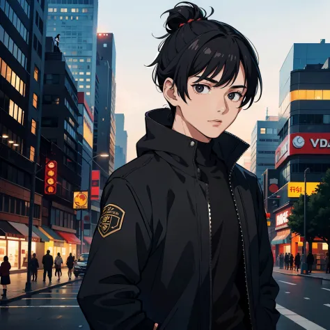 18 year old man, black hair tied into a bun with bangs, black eyes, black jacket, in a city.