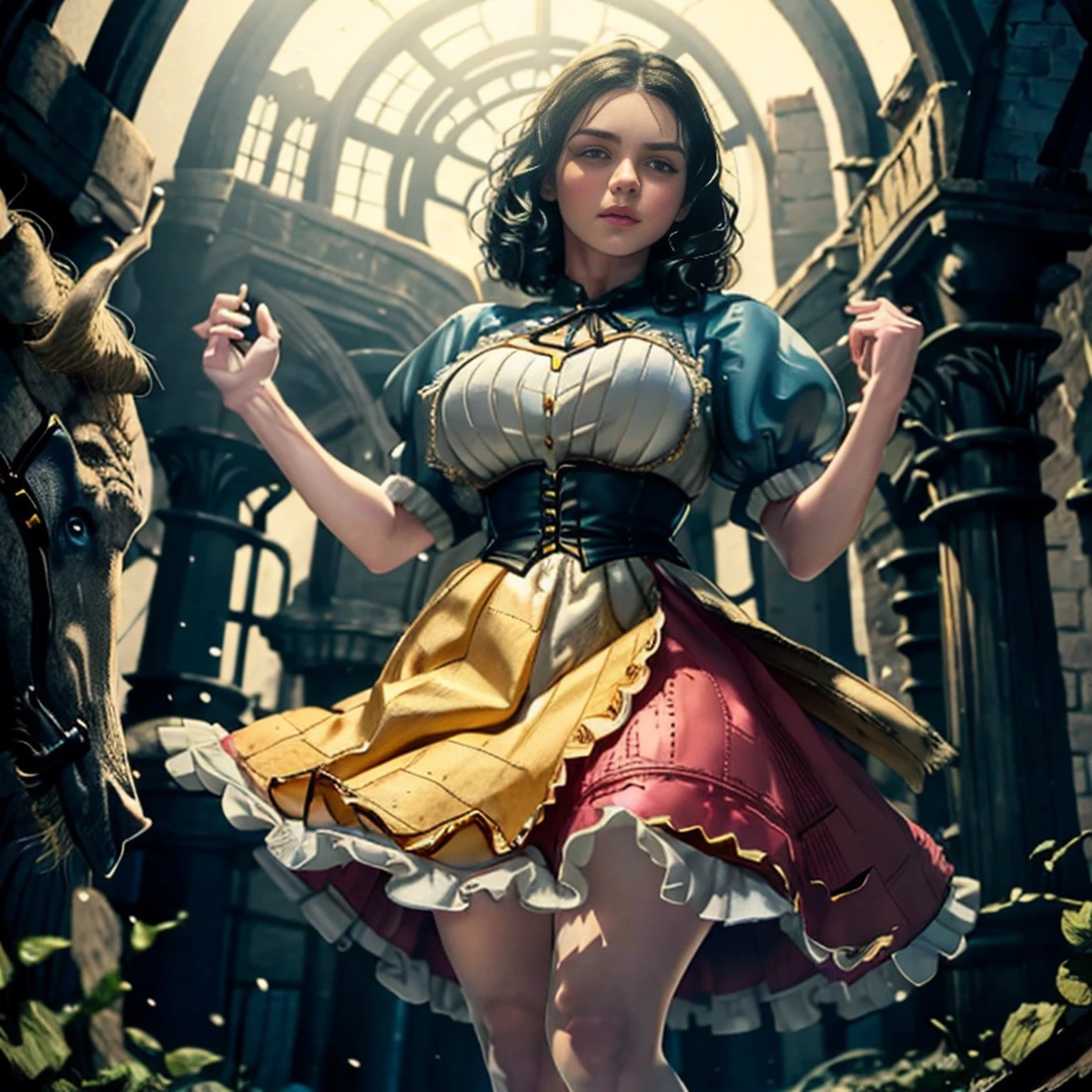 extremely beautiful snow white, subtle makeup, golden hour, photorealistic, high contrast, 8k HD, detailed, hyper-detailed, (curly bob short dark hair), realistic skin texture, large breast, best quality, ultra high res, raw photo, dramatic lighting, unreal engine, diffuse glow, (blue puffy sleeves top:1.1) , yellow skirt:1.1), (grabbing a toxic green poison apple), realistic detailed castle, fair maiden, romance, magic and witches, dark tales