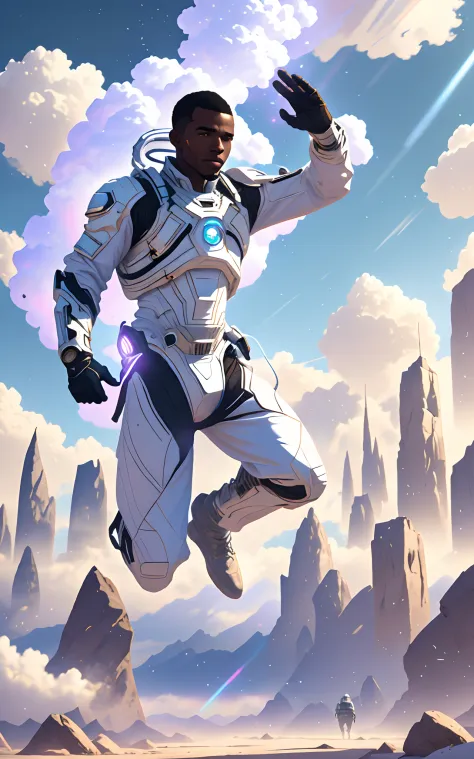 black man wearing african designed clothes jumping in air in an empty landscape, white smoke surrounding the scene, all white coloured in scene, cgsociety 9, sci-fi, with iridescent light, 32k, ultra HD, unreal engine rendered, cinematic lighting,  bright ...