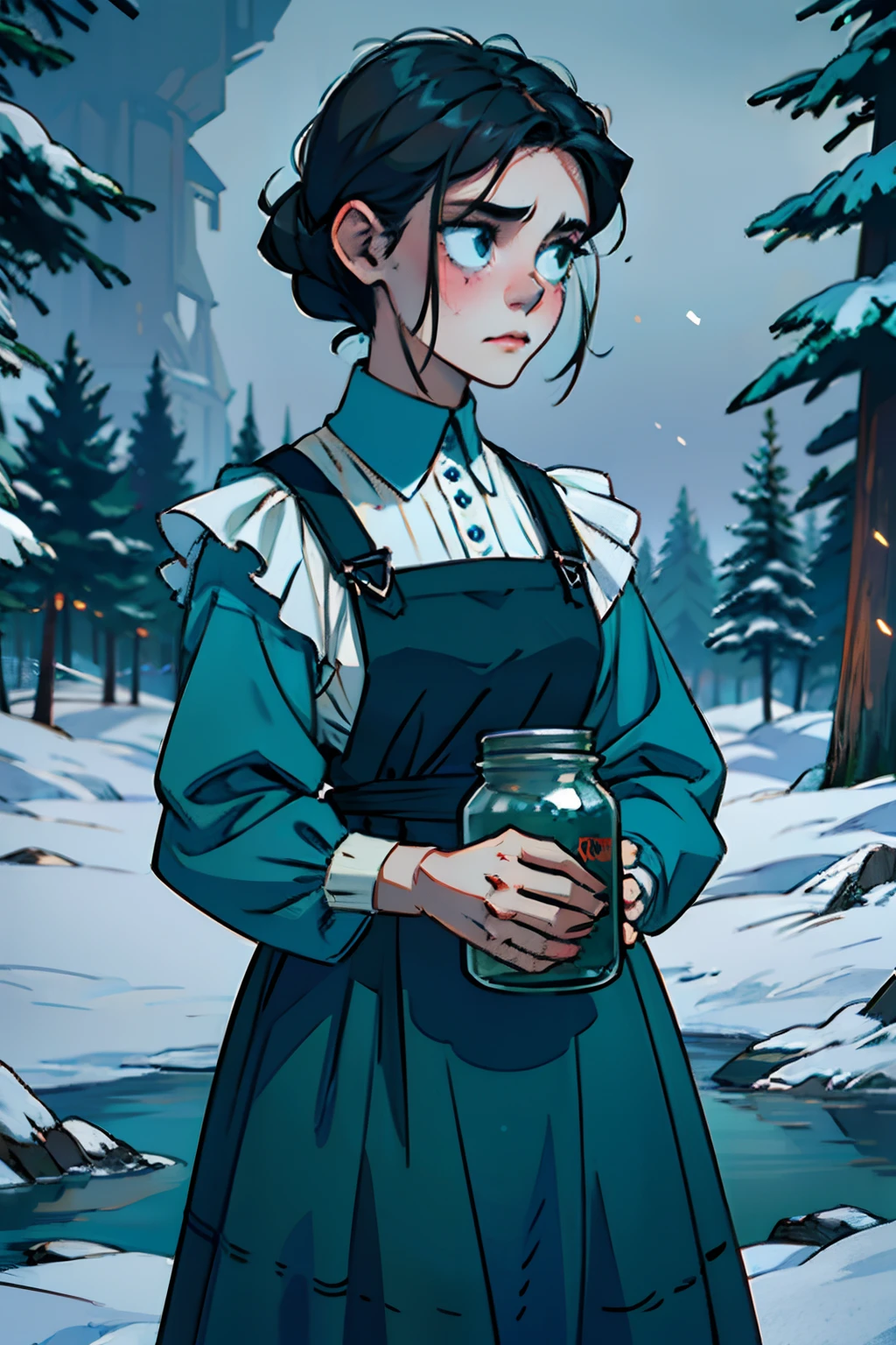 A spooky zombie girl with a dead stare, wearing a black pinafore dress, standing in the snow, holding an empty jar in her arms, background is wintery pine trees, dark eerie light, with an old tattered doll in the snow, mood is silent, sad, character design.