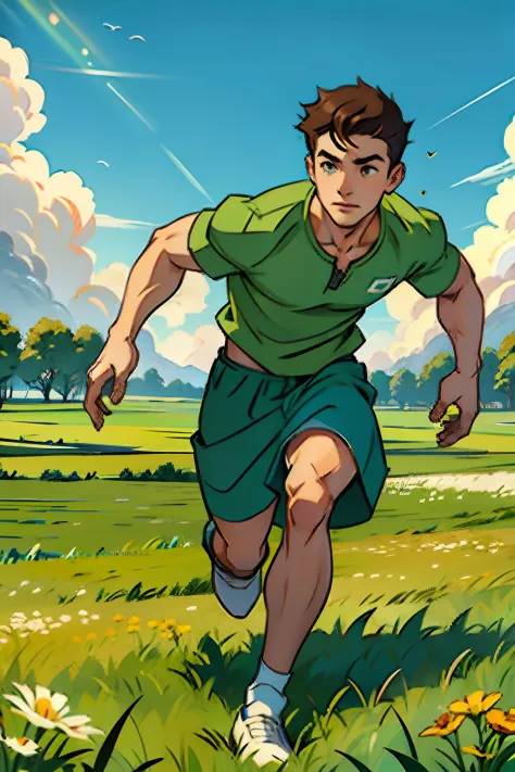 A young man, running across a field of green grass, with a small dog, background is a farm, mood is exciting, motivated, daytime...