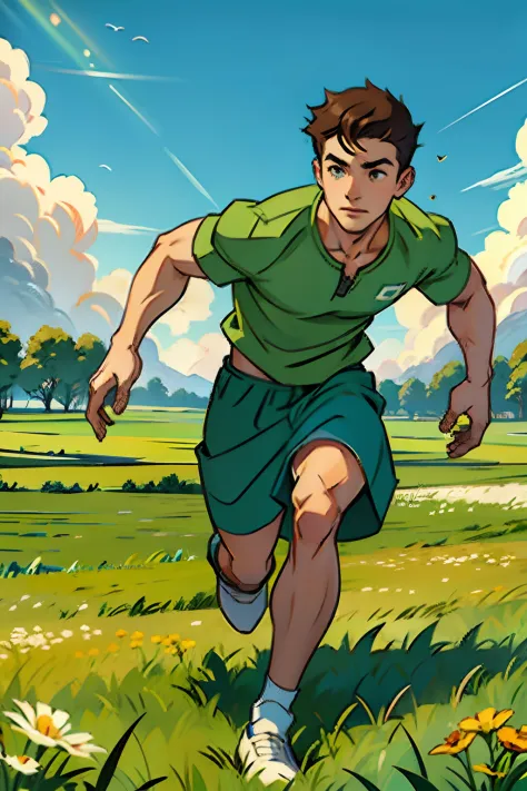 a young man, running across a field of green grass, with a small dog, background is a farm, mood is exciting, motivated, daytime...