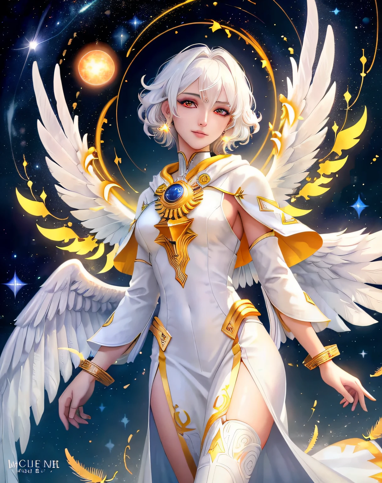 extremely detailed, hyper detailed, (PERFECT FACE), ((detailed eyes)) illustration, low lighting, 2d, intricate, detailed eyes, sexy, toned, (outside), White hair, red eyes. Surrounded by yellow, black and green nebulae, stars, sidereal winds and planets. ((extremely realistic shadows, masterpiece, extremely detailed, photorealistic)). Goddess of light and day. (1 woman) (14 years old), white and yellow Greek tunic, hood and cloak, short curly hair, very beautiful, optimal height, tight clothing, graceful body; beautiful face, cool and calm type of face with a cold smile wings, large wings of white plumage, white feathers.