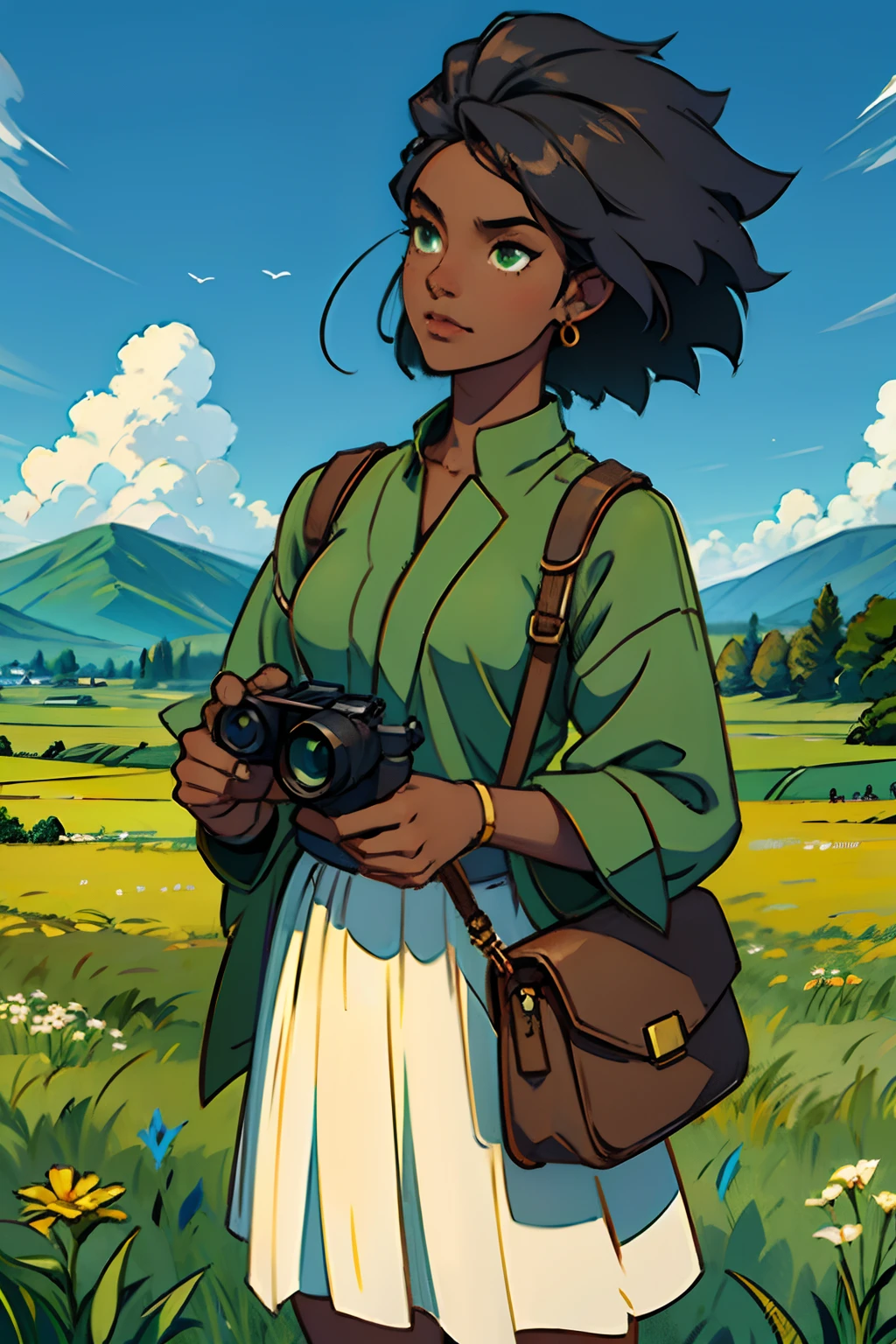 A dark skinned woman, looking through binoculars, background is open field of green grass, mood is harmonious, balanced, revealing, clear, obvious, character design.