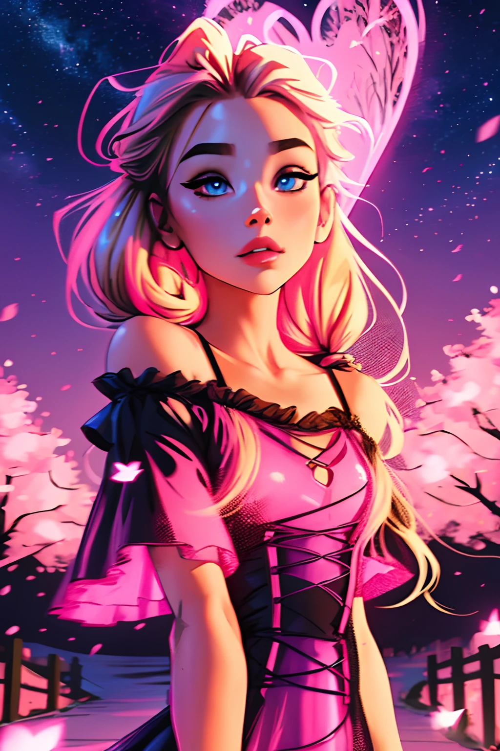 Masterpiece, highquality, (1girl), blonde hair, (two tight braids), twinbraids, framing face, full bangs, night sky, cherry blossoms, detailed face, pink glowing eyes, ultra-detailed eyes, ((small breasts)), see trough dress, revealing dress, pink floating dress, romantic sexy dress, face focus, shiny skin, nigth sky, moonlight, moon, (wings 1.0), magic girl, flying pink stars, heart-shaped_pupils, Model: Quantum Edge