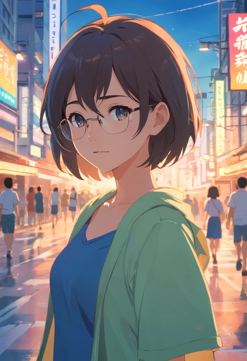 Anime girl in a city with a green jacket and blue eyes - SeaArt AI