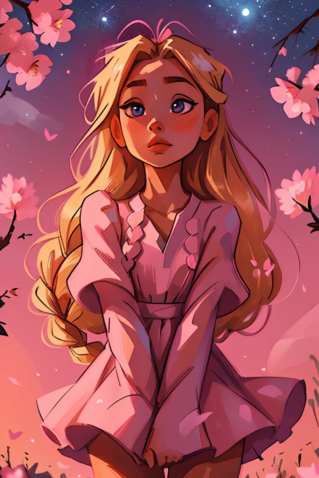 Masterpiece, highquality, (1girl), blonde hair, (two tight braids), twinbraids, framing face, full bangs, night sky, cherry blossoms, detailed face, pink glowing eyes, ultra-detailed eyes, ((small breasts)), see trough dress, revealing dress, pink floating dress, romantic sexy dress, face focus, shiny skin, nigth sky, moonlight, moon, (wings 1.0), magic girl, flying pink stars, heart-shaped_pupils, Model: Quantum Edge