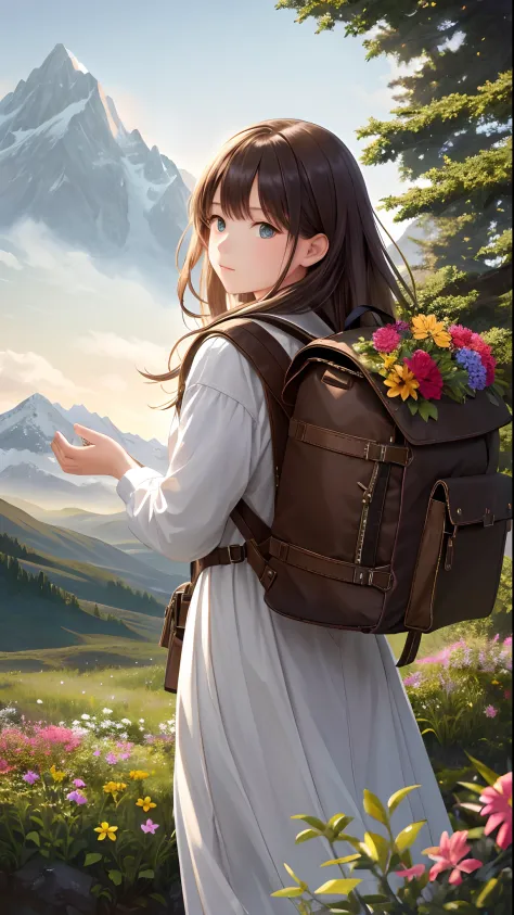 Masterpiece, best quality, 1girl, solo, ((close up)) from behind, backpack, adventurer clothes, day, forest, trees, flowers, bushes, sunlight, mountainous horizon, sky, warm lighting, hyperrealistic, detailed background, depth of field, rimlighting, specul...