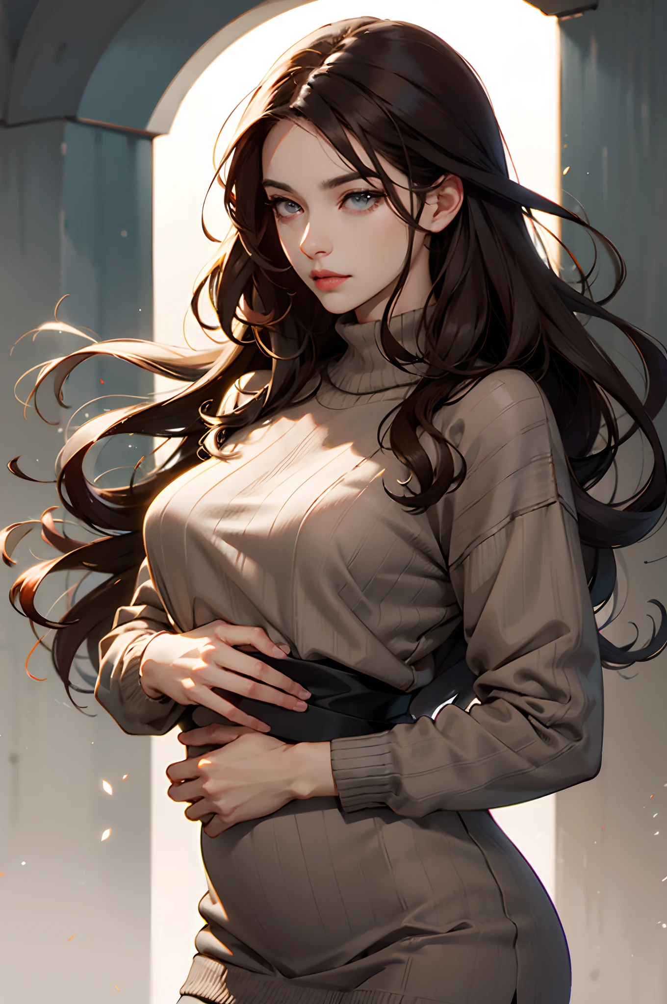 Milf,long brown hair,grey sweater,anime,sonrojada, olis,maternal,rostro suave