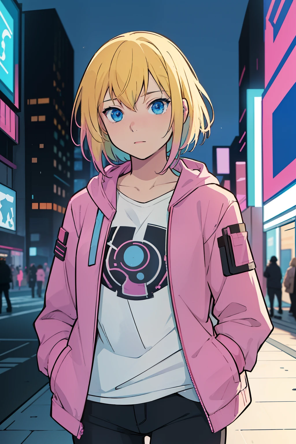 solo, 1girl, (masterpiece), ((16 year old appearance)), Blonde hair, Medium hair, blue eyes, anime girl,  medium breasts, pink jacket with white details and black shirt, white pants, cyberpunk city, nigth, hands in pockets