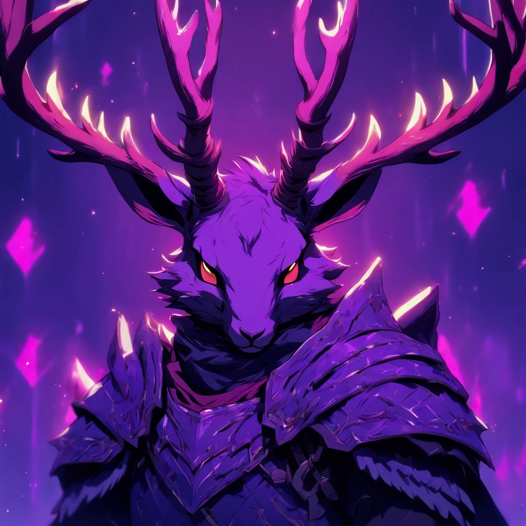 Knight Jackalope, short purple hair, jackalope antlers, dark armor(masterpiece, best quality)