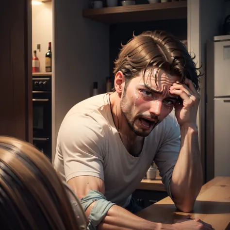 Drunk man crying freaking out at home