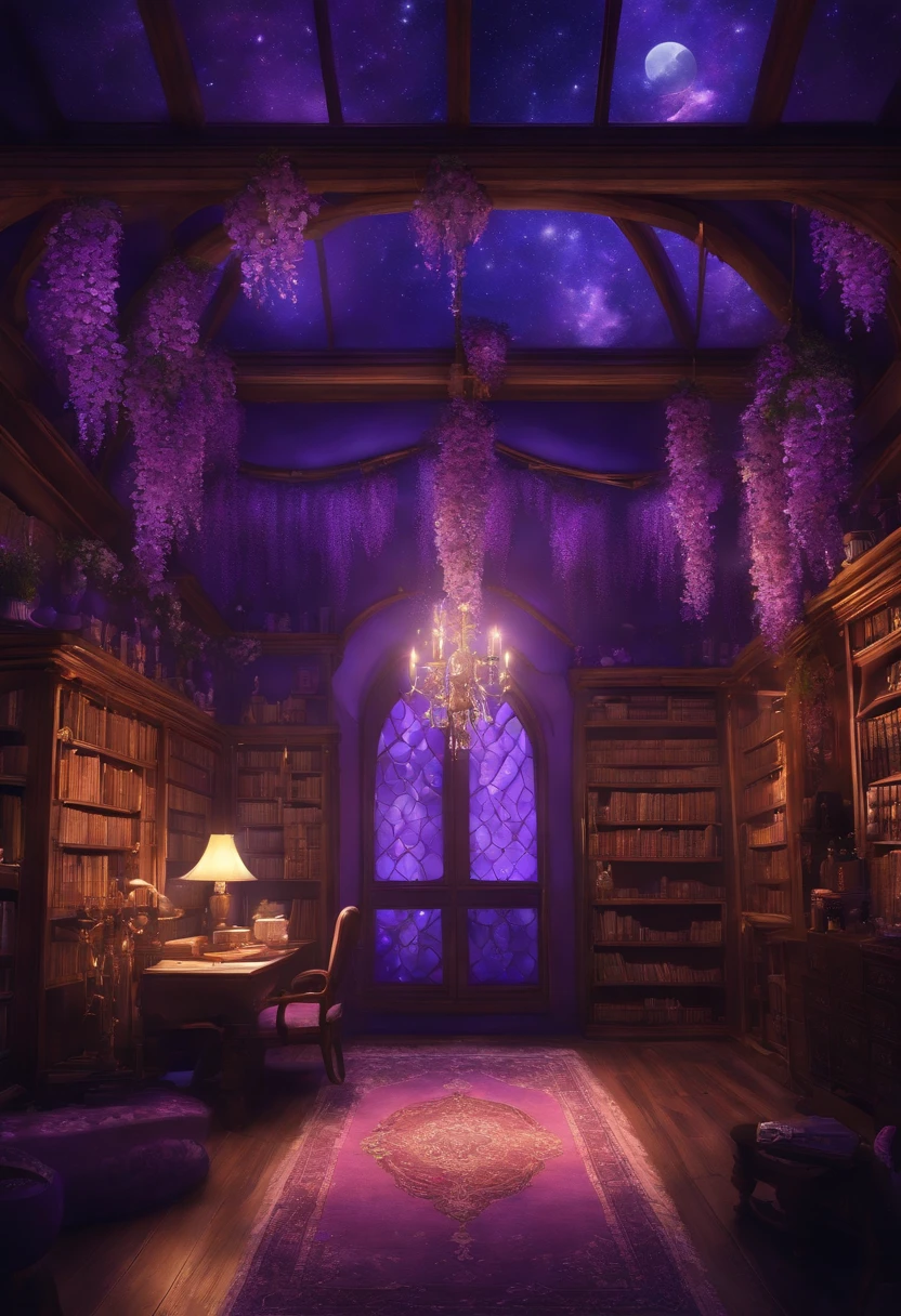 A purple room with a chandelier and a purple rug - SeaArt AI