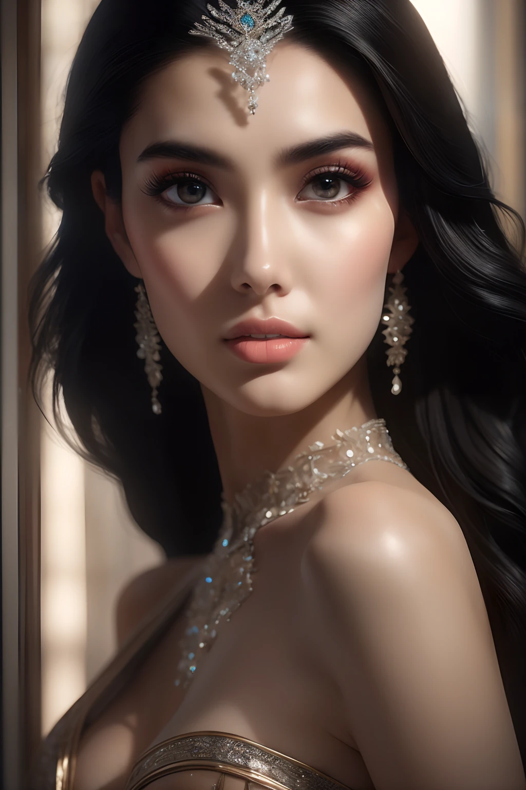 (best quality,4k,8k,highres,masterpiece:1.2),ultra-detailed,(realistic,photorealistic,photo-realistic:1.37),beautiful girl in a stunning black dress,vibrant colors,artistic lighting,detailed facial features,flowing fabric,subtle textures,powerful and confident pose,eye-catching composition,sophisticated style,dramatic contrast,expressive eyes,,long dark hair,breathtaking background,professional portrait,sharp focus,crisp details,hauntingly beautiful,striking elegance,mesmerizing gaze,exquisite craftsmanship,refined and timeless,perfectly tailored dress,impeccable attention to detail,graceful movements,and captivating allure