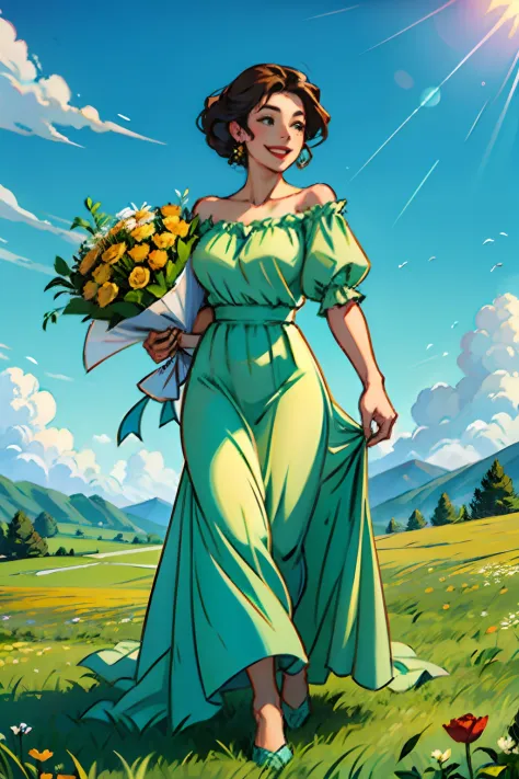 A young woman with a big smile, wearing a long flowing dress, holding a bouquet of roses, background is rolling hills of green g...