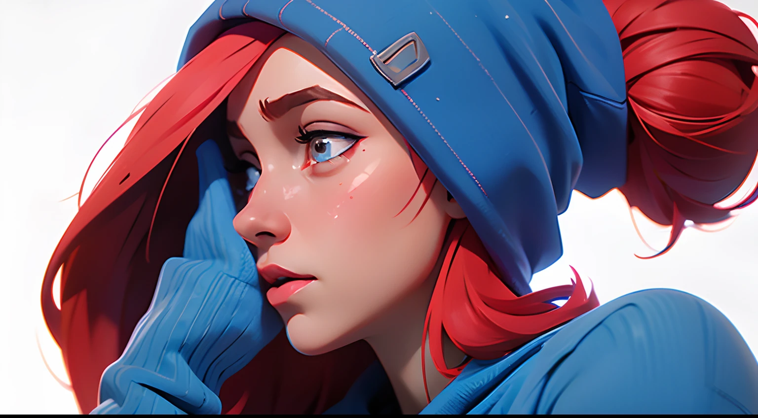 masterpiece, 4k, close up, white background, side view picture of a beautiful red head woman with long hair and wearing a blue beanie and blue sweater crying covering her face