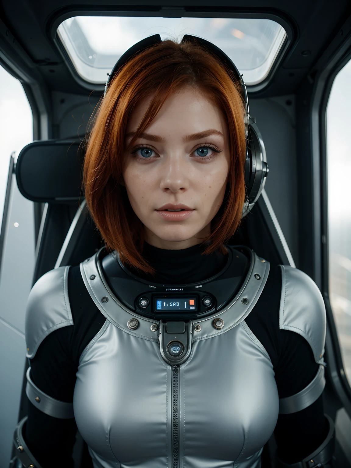 photo d&#39;une femme rousse, dans l&#39;espace, combinaison spatiale futuriste, (taches de rousseur:0.8) visage mignon, science-fiction, dystopique, Yeux détaillés, yeux bleus