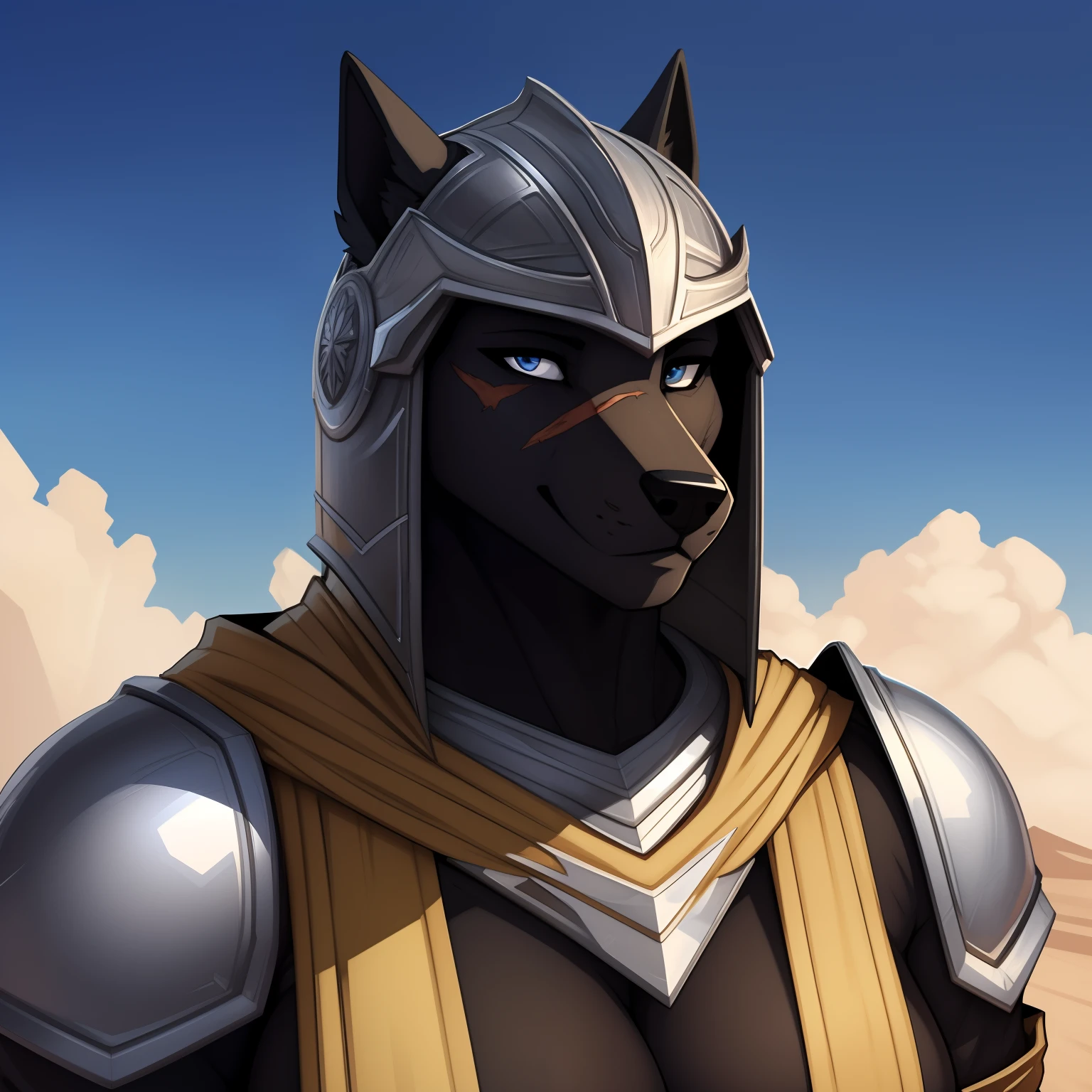 Tall_curvy_muscular_warhound female black_furry_body silver_eyes heavy_plate_armor helmet yellow_tabard_and_surcoat scarred_body solo portrait Masterpiece best_quality absurdres highly_detailed cleanly_drawn_eyes anthro_only by_claweddrip, by_greasymojo, by_underscore-b, by_runawaystride