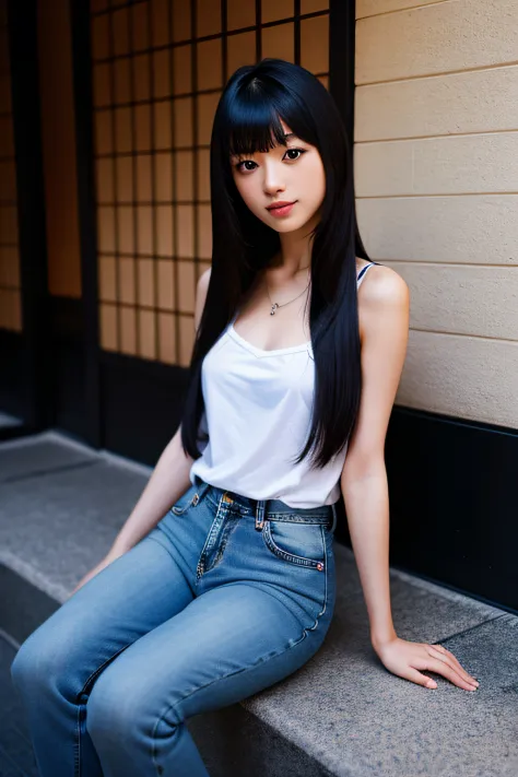 1girl in, kuchiaki, jet-black hair, black eyes, long hair, straight hair, bangs, japanese face, japanese actor, camisole, jeans,