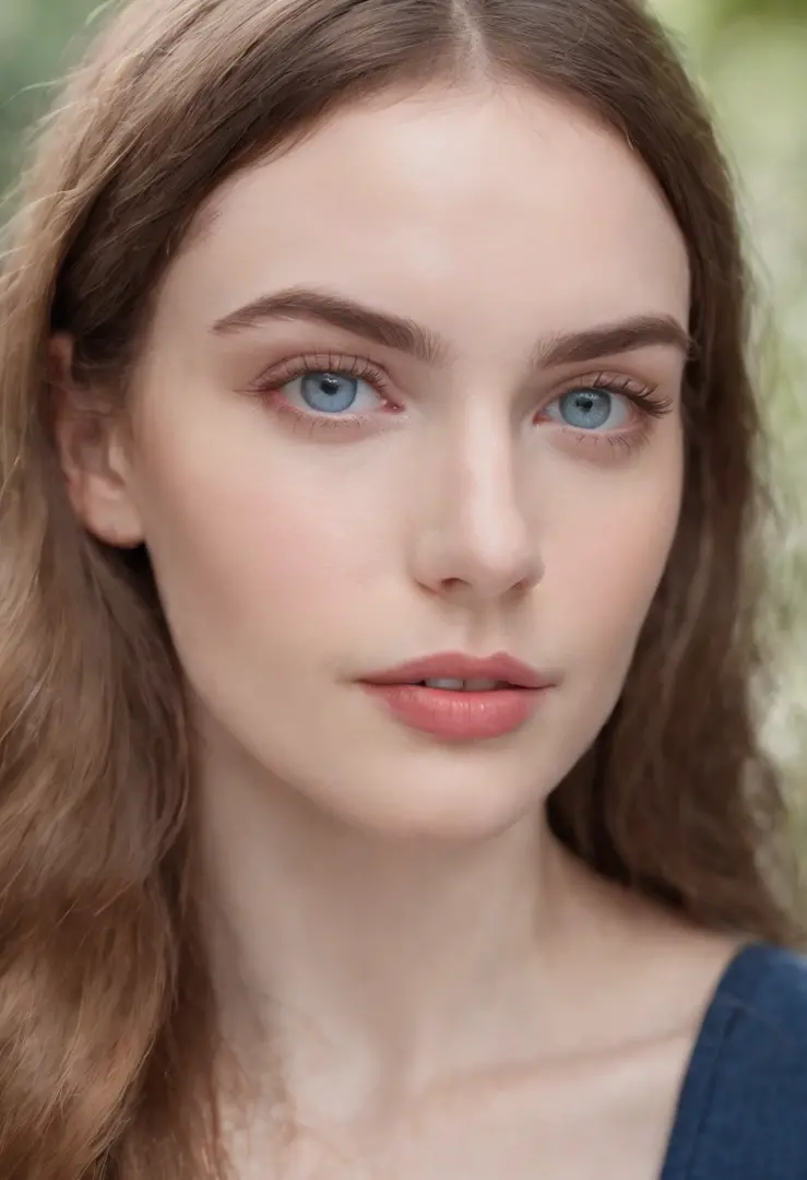 Flawless and pale skin, destacando delicadas sardas na ponta do nariz.
Olhos grandes e luminosos, of a light blue like the sky.
Finely arched eyebrows and naturally pink lips.