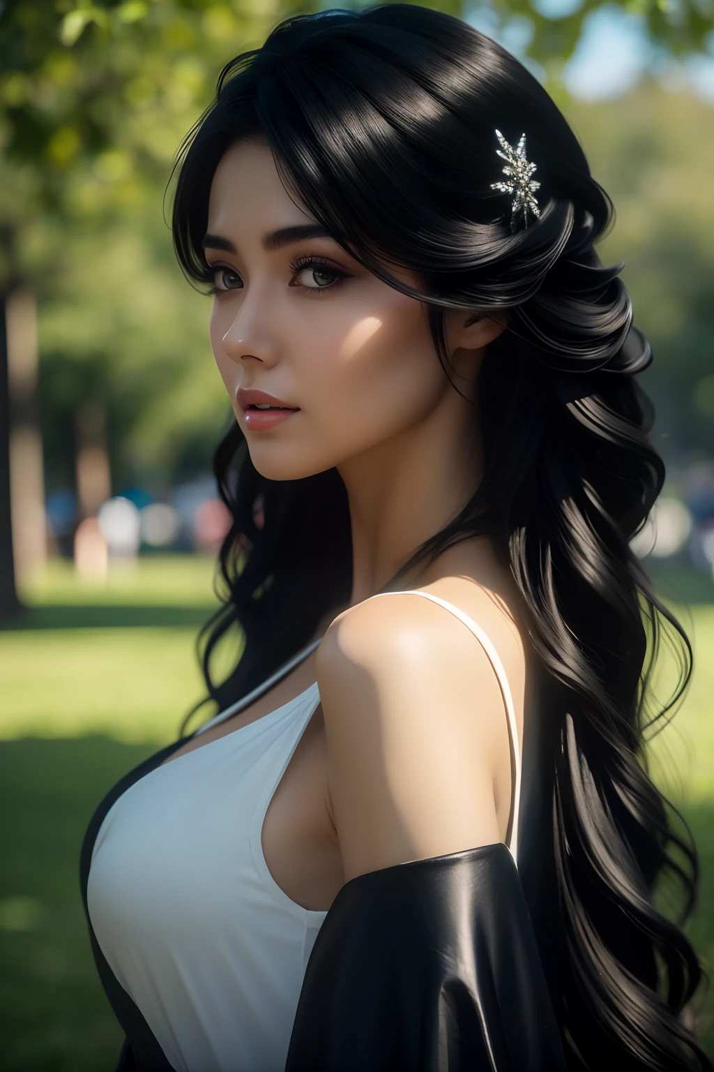 beautfull woman black outfit in the park, ultra realistic, 8K, masterpiece