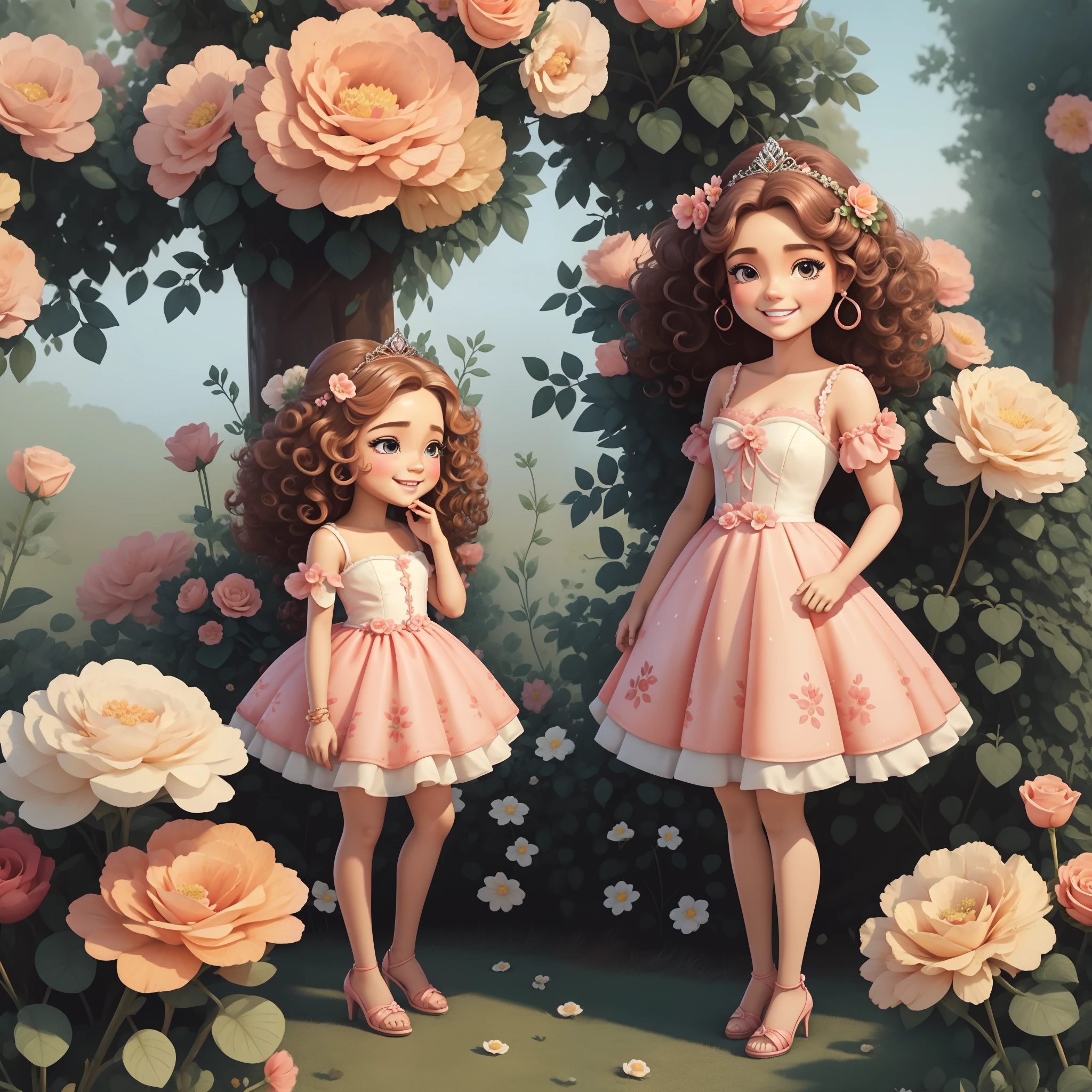 Two girls in pink dresses standing in front of a garden of flowers - SeaArt  AI