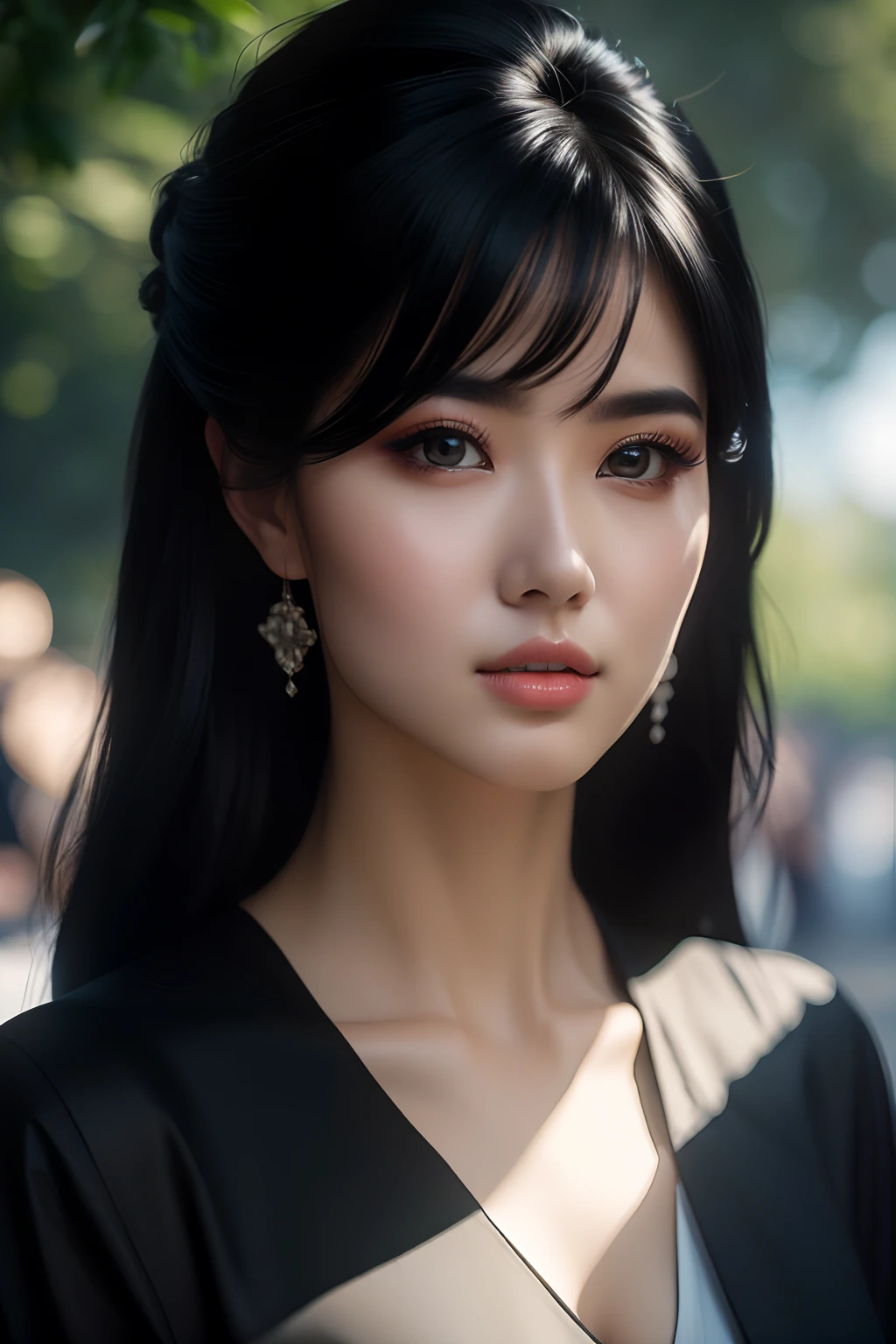 beautfull woman black outfit in the park, ultra realistic, 8K, masterpiece