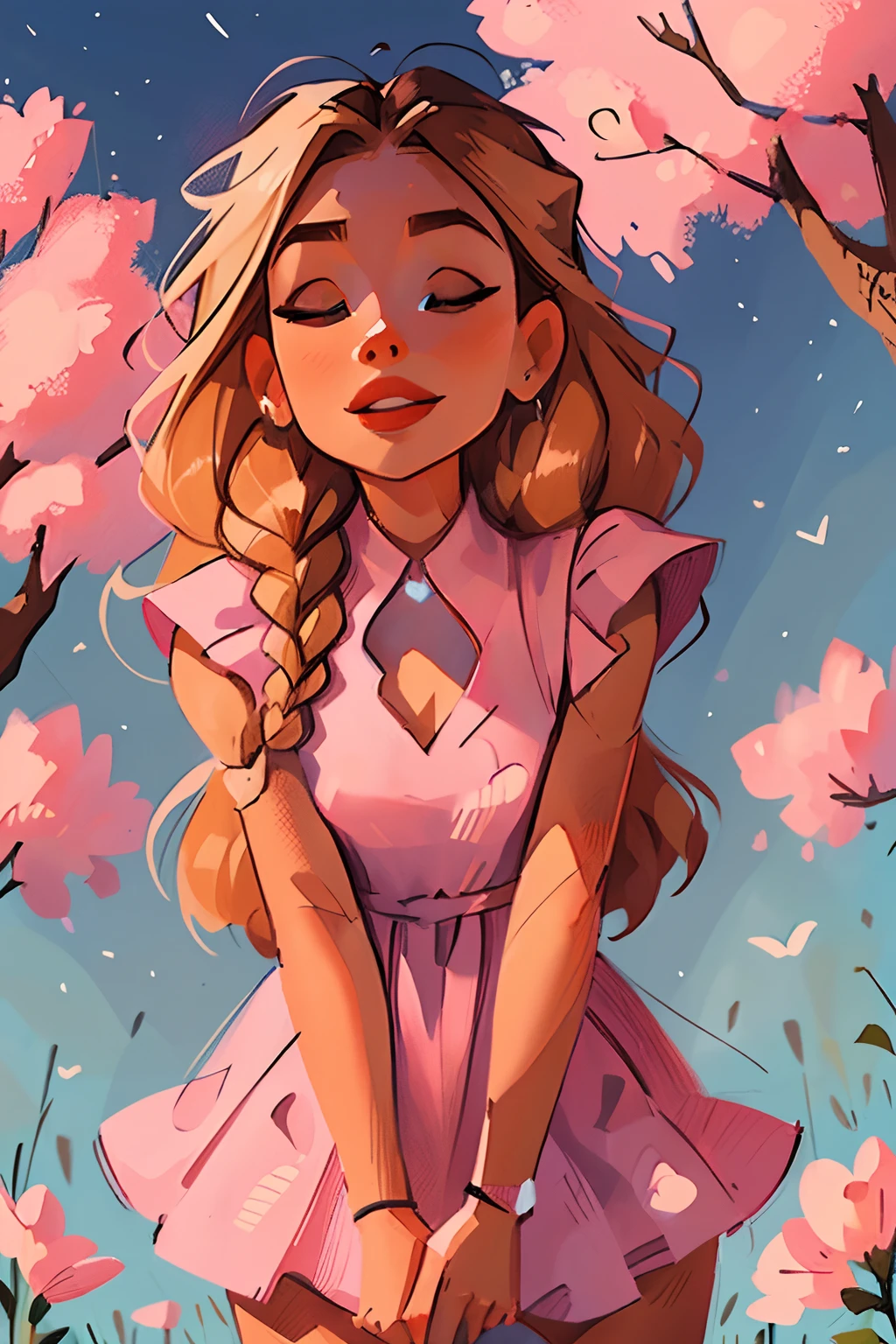 Masterpiece, highquality, (1girl), blonde hair, (two tight braids), twinbraids, framing face, full bangs, night sky, cherry blossoms, detailed face, pink glowing eyes, ultra-detailed eyes, ((small breasts)), see trough dress, revealing dress, pink floating dress, romantic sexy dress, face focus, shiny skin, nigth sky, moonlight, moon, (wings 1.0), magic girl, flying pink stars, heart-shaped_pupils, (Masterpiece:1.3), (Best quality:1.3), High resolution, Couboy shot, leaning forward, Forward-facing body, (une jolie fille:1.3), seulement, peau blanche,  poitrine, Eight-headed person, cheveux bleu clair, (curly hair:1.2), (Cheveux courts:1.1), (bangs blunt bangs:1.2), Beaux cheveux, yeux bleus, beautiful detailed eyes, ouvrir bouche, heart, sourire joyeux, one eye closed, servante, volant, Minijupe, earrings, (fond blanc:1.2), sinple background, Shadow lighting,