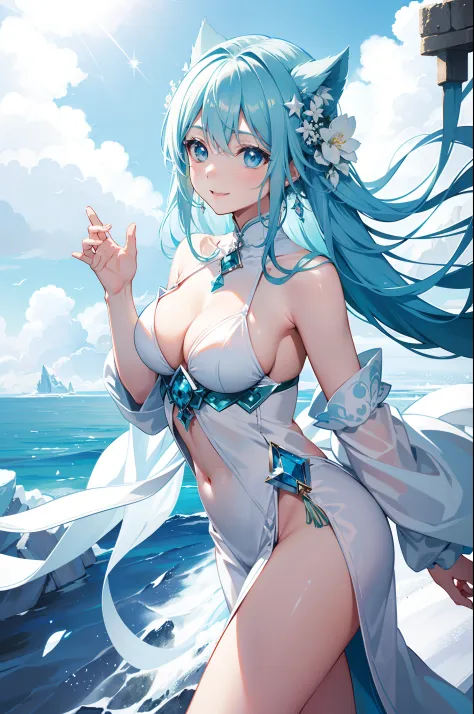 hposing Gravure Idol　a beauty girl　A charming smile　sky blue hair　length hair　Twin-tailed　Bright white and green thin outfit　Mystical　fantasy

Spirit of Polar Light
World of ice and snow
The power of light and magic
Guardian of nature
Symbol of good luck o...