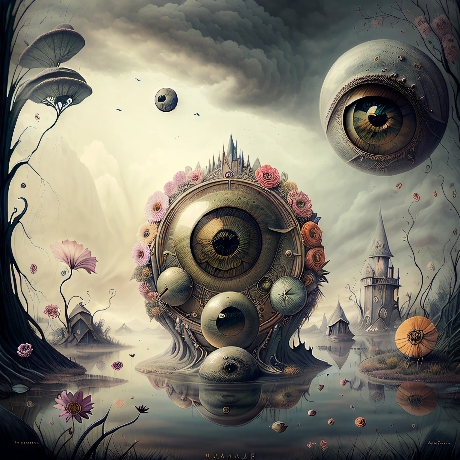 (((there is a "very strange looking flower with an eyeball in the center" in a swamp))), it has furry pedals++ in the middle of a swamp, "otherworldly plants in the swamp", vivid colors, surreal and fantasy art, dark surreal art, surreal dark fantasy, surreal dark art, surreal concept art, surrealistic digital artwork, 8k surrealism, ornate, dream world