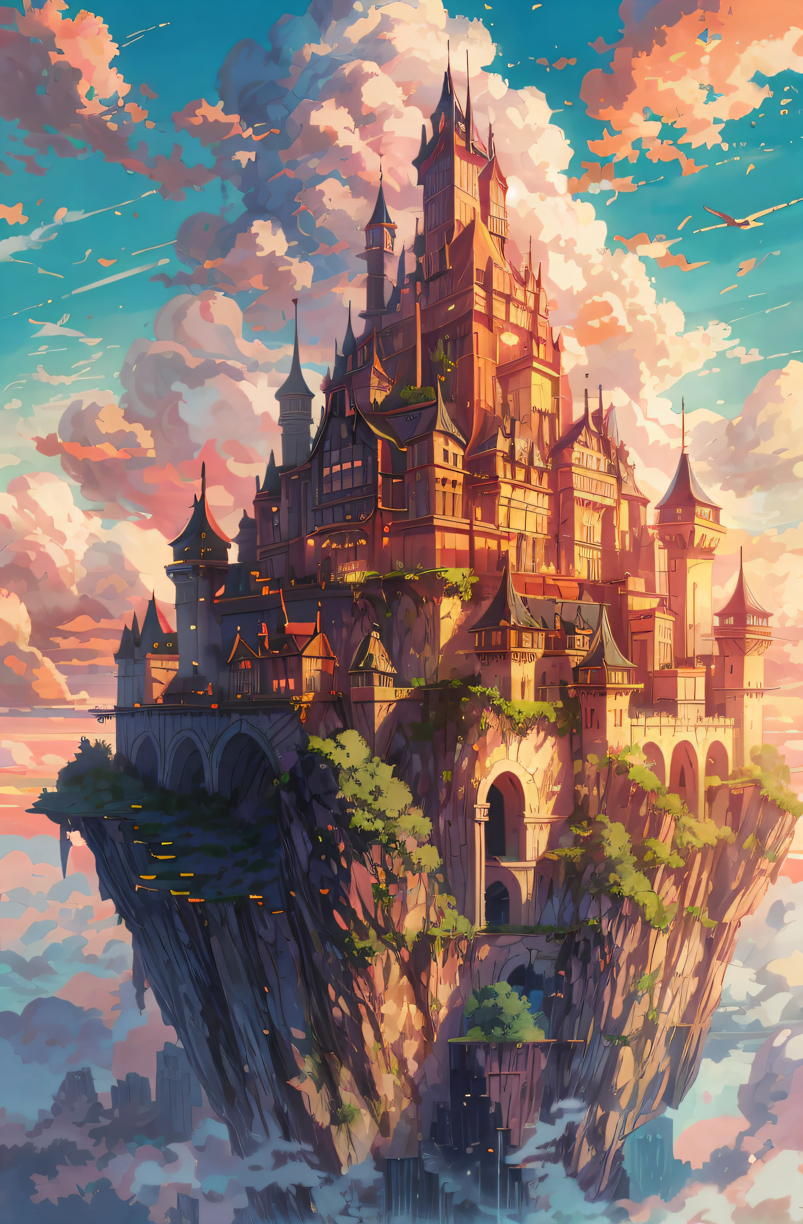 anime castle floating in the sky with a sunset in the background, flying cloud castle, palace floating in the sky, an immense floating castle, castle in the sky, castle in the sky style, flying castle, palace floating in heaven, cloud palace, abandoned castle in the sky, beautiful detailed fantasy, fantasy castle, high fantasy castle, floating palace