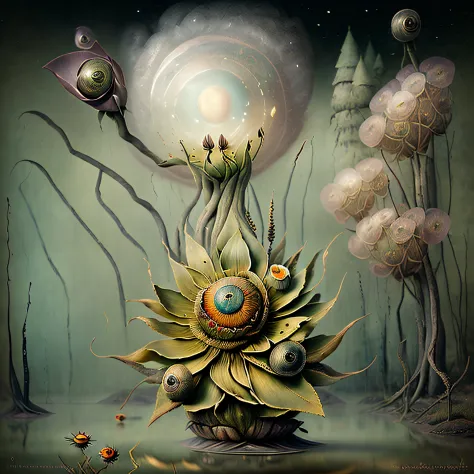 (((there is a "very strange looking flower with an eyeball in the center" in a swamp))), it has furry pedals++ in the middle of a swamp, "otherworldly plants in the swamp", vivid colors, surreal and fantasy art, dark surreal art, surreal dark fantasy, surr...