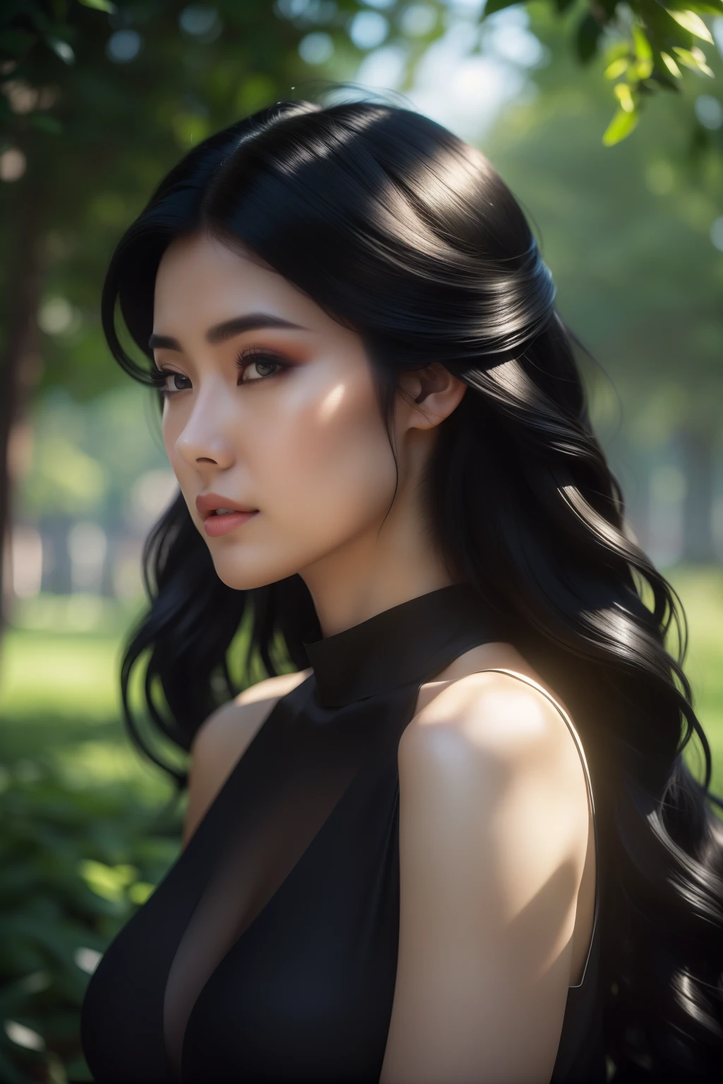 beautiful woman in black clothing in a park,(best quality,8k,highres,masterpiece:1.2),ultra-detailed,(realistic,photorealistic,photo-realistic:1.37),landscape,vibrant colors,sunlight filtering through trees, Picturesque scenery, leavy trees, graceful poses, gentle breeze, serene atmosphere, poetic expression,pristine nature,tranquil,serenity