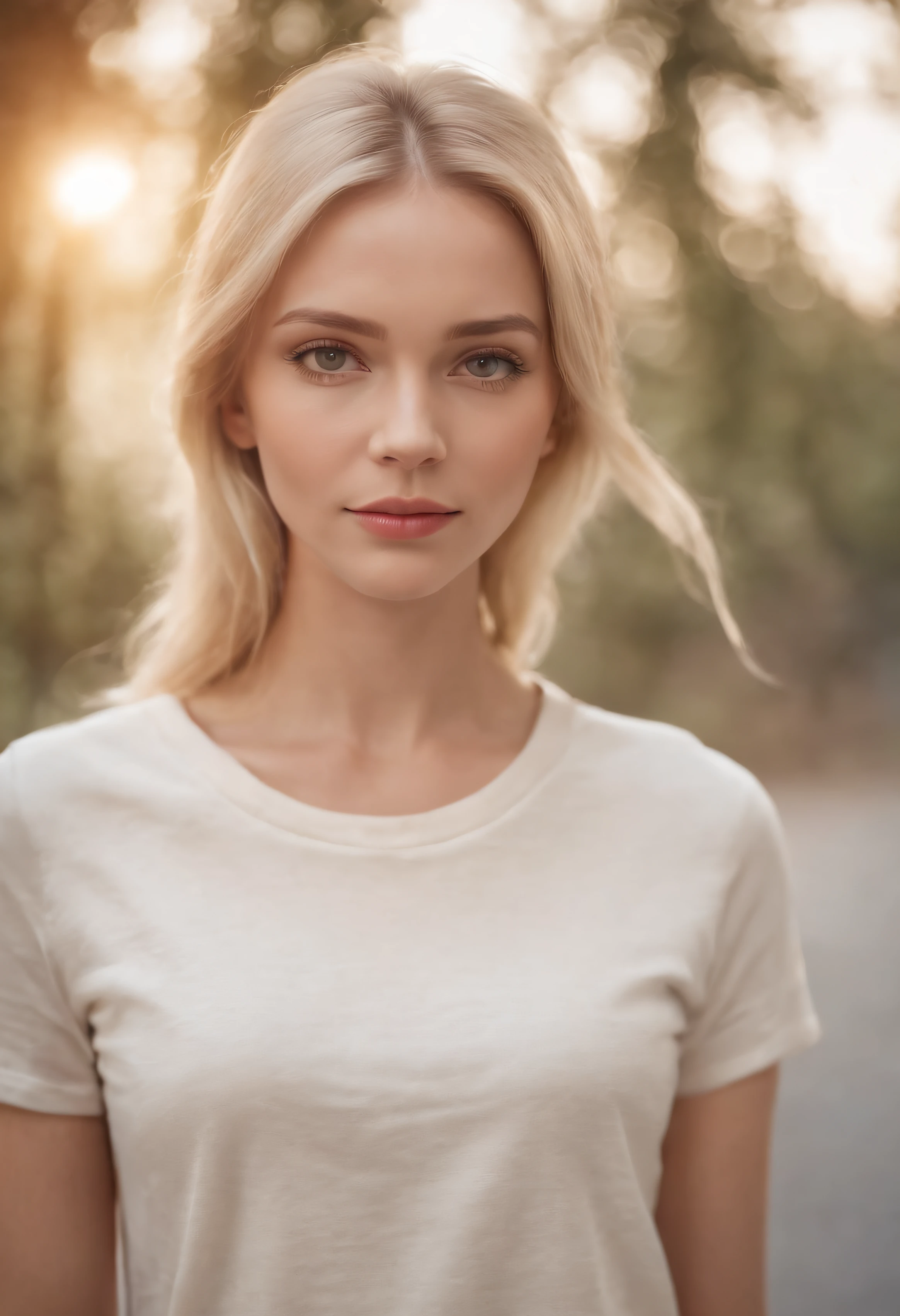 A close up of a woman with blonde hair and a white shirt - SeaArt AI