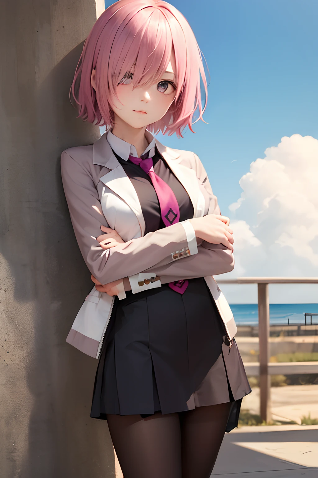 (masterpiece, best quality:1.2), cowboy shot, solo, 1girl, mash kyrielight, expressionless, closed mouth, looking at viewer, pink hair, hair over one eye, jacket, dress, necktie, pantyhose