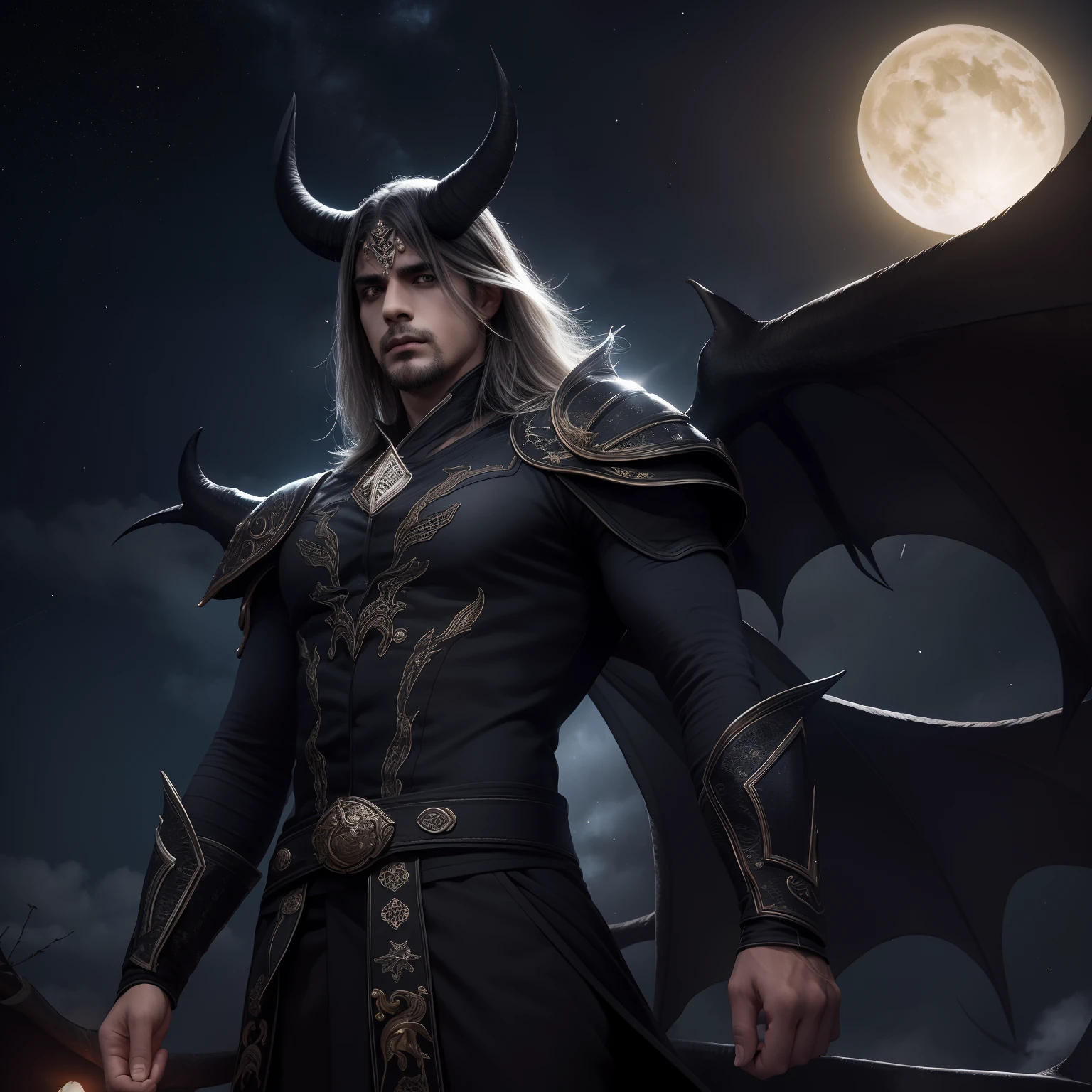 naughty man, ((long black hair)), night  sky, ​masterpiece, Asiatic, neutral expression, dark armor, detailded, blue details, fullmoon, demon horns, demon wings, sheen, light points, serene atmosphere, horrifying, tenebrosa, sheen da lua, uhd, best qualityer