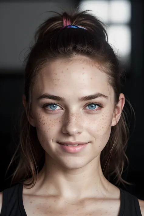 (RAW photo) night scene, close-up photo of a sexy girl, posing, looking at the viewer, smiling, freckles, tanned skin, black eyeliner, brown hair +pink highlights hair in a ponytail, (blue eyes), handsome young face, 23 yo, soft volumetric lights, soft key...