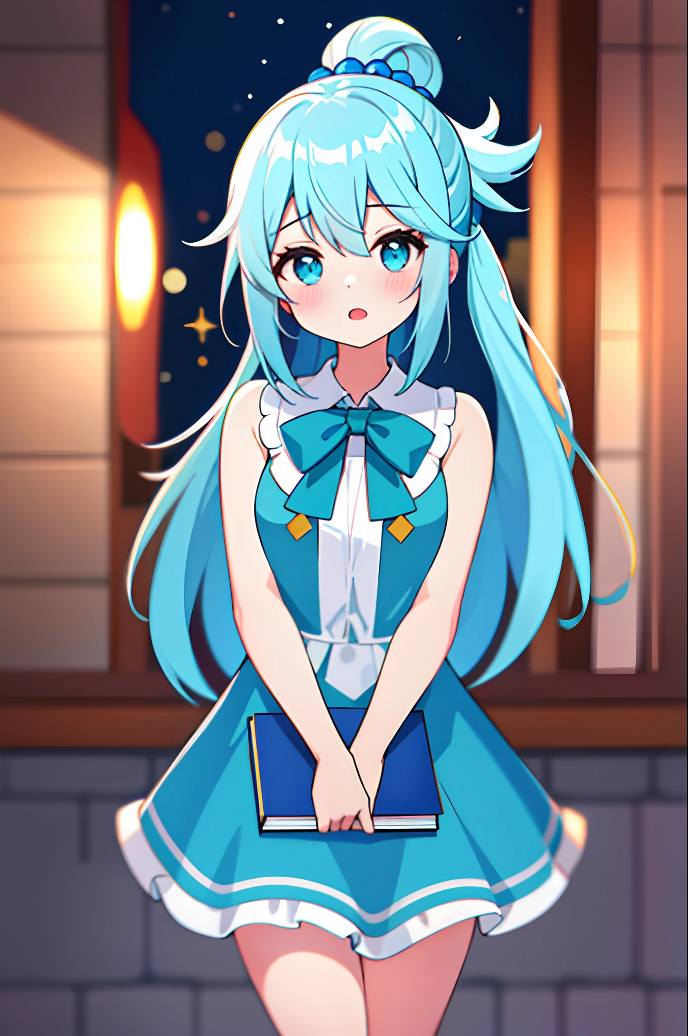 A close up of a cartoon girl with blue hair and a blue dress - SeaArt AI