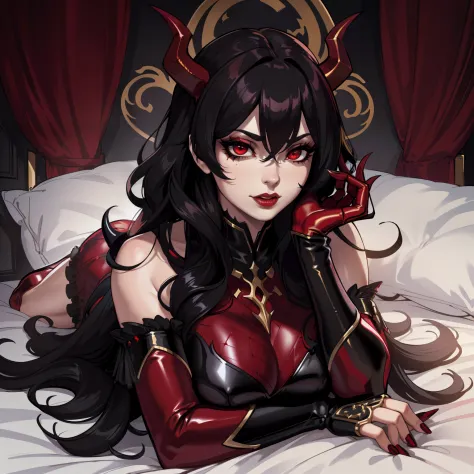 (demon girl),black wavy hair,red eyes,demon wings,demon tail,sexy red fur lined gilded dress,golden throne,portrait,(best qualit...