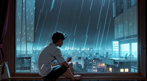 man, window, rain, thunder, joint, coffe, room, view, cartoon, relaxing