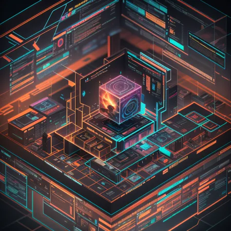 Awesome Artificial Intelligence Next Generation Raytraced 3D Octane Render "ALLUXION" Isometric Logo, Cosmic Web Developer Galactic Graphic Artist PsyTrance Producer & DJ, Energetic Radiant Vibrant, Rich Saturated Colors framed in an isometric frame, black...