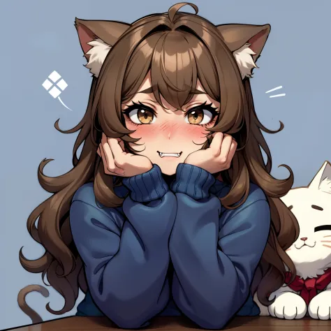 Soft, cute adult neko with puffy brown hair wearing a loose fuzzy blue sweater, adorable, has cat fangs and a blushy look on her...