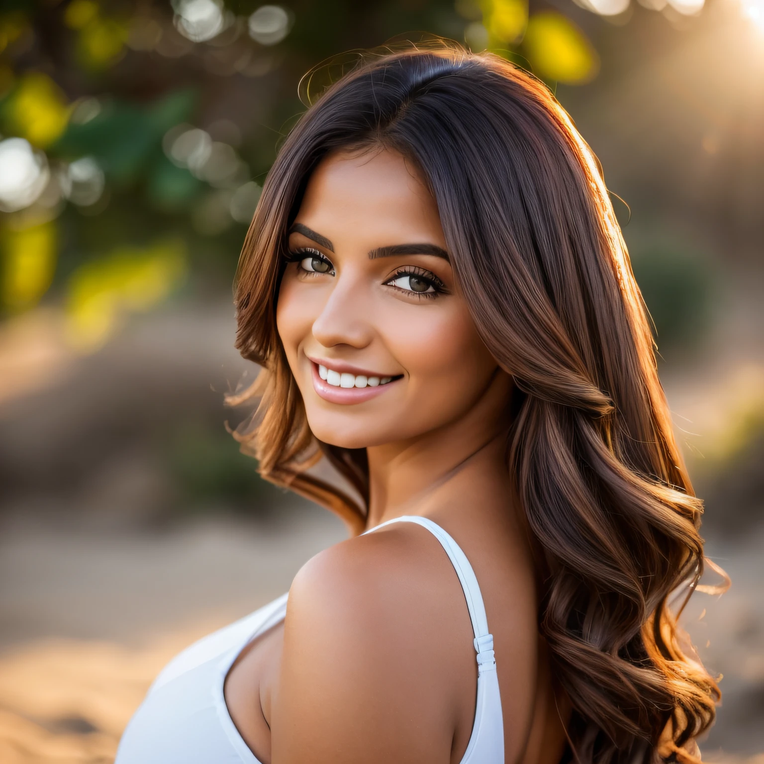 A woman with long hair and a white top smiles at the camera - SeaArt AI