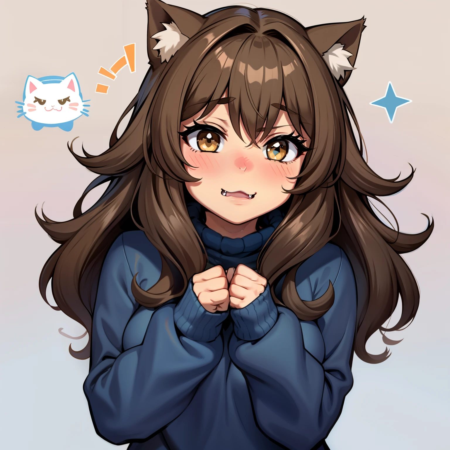 Anime girl with cat ears and a blue sweater SeaArt AI