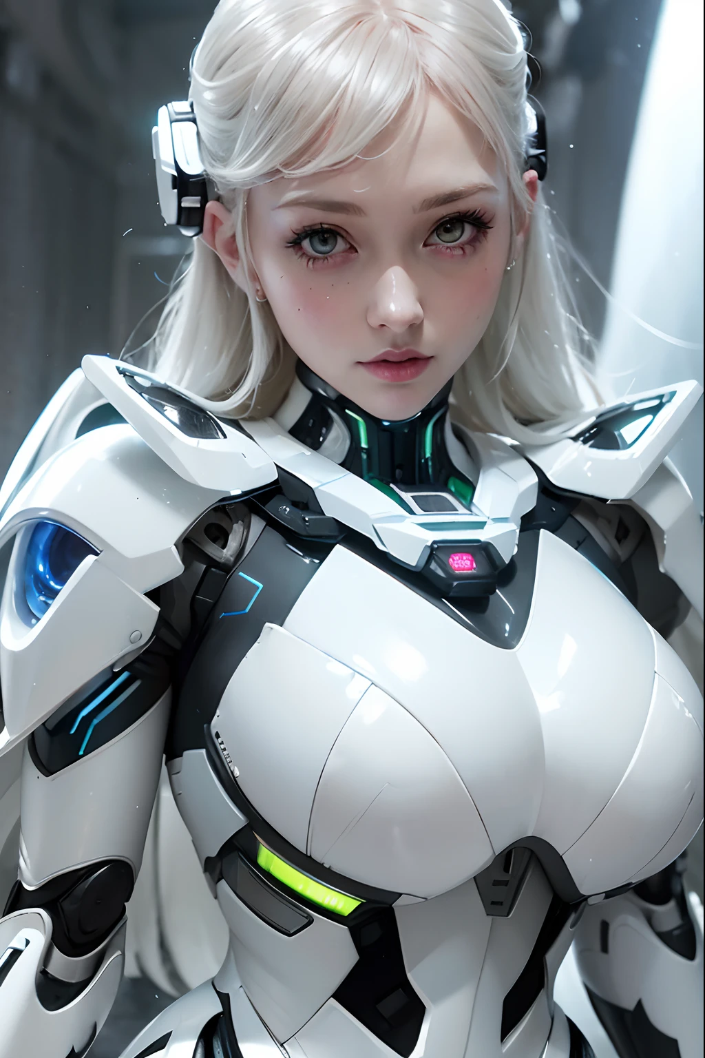 (chef-d&#39;œuvre), meilleure qualité, hyperrealistic chef-d&#39;œuvre, Fille super-héroïne (((style esthétique de science-fiction mech blanc dans une combinaison serrée technique extrêmement détaillée, style frostpunk))) ((avec foulard haut & Cape Blanche)), éclairage cinématographique: 8k, (((cheveux roux courts))), peau parfaite et détaillée, visage de beauté parfait et complexe, yeux perçants et détaillés, yeux et pupilles détaillés, (((du visage à la taille))), (((forme mince de beauté))), 4K, UHD