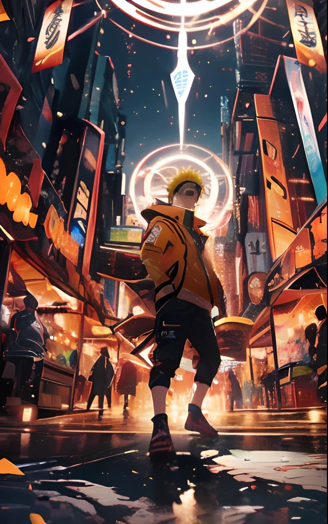 Naruto Uzumaki dans Naruto, réalité holographique, halo holographique, flou de mouvement, Effet de lumière de jeu, lumière de jante, Lumière douce, movie lumière de jante, lumière délicate, style cyberpunk, texture de peinture à l&#39;huile, plan complet, Artiste 3D, détaillé, futuriste