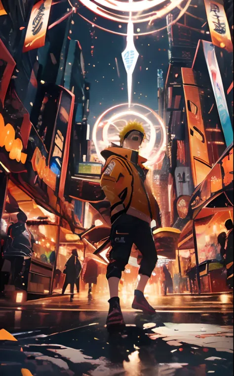 Naruto Uzumaki in Naruto, holographic reality, holographic halo, motion blur, game light effect, rim light, soft light, movie ri...