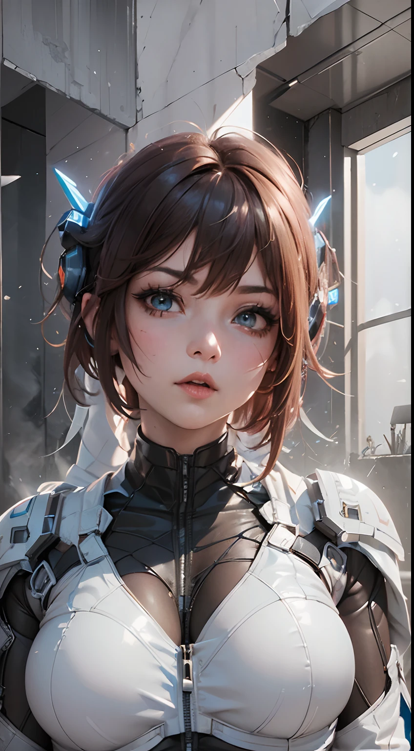 (masterpiece), best quality, hyperrealistic masterpiece, superheroine girl (((mech sci-fi aesthetic style in extremely detailed tech tight plugsuit, frostpunk style))) ((with high scarf & white cape)), cinematic illumination: 8k, (((short redhead hair))), detailed perfect skin, intricate perfect beauty face, detailed sharp eyes, detailed eyes and pupils, (((from face to the waist))), (((beauty slim shape))), 4k, UHD