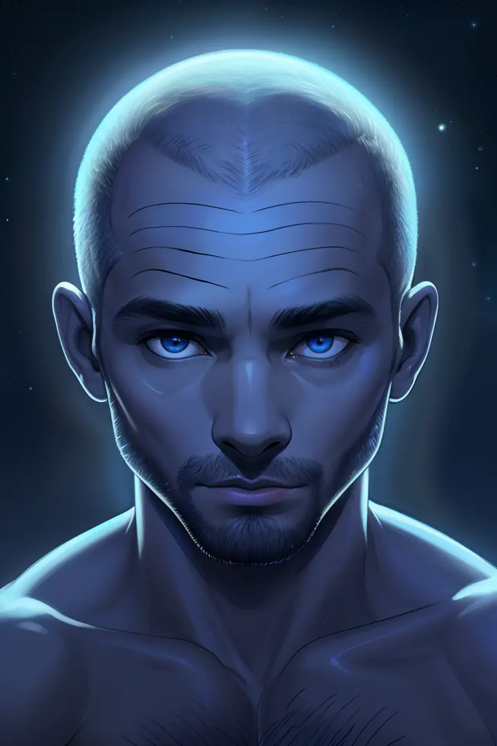 homem ,careca sem cabelo, de os olhos azul,arte de luz neon, no escuro da noite, um navio alto navega pelos mares iluminados pel...